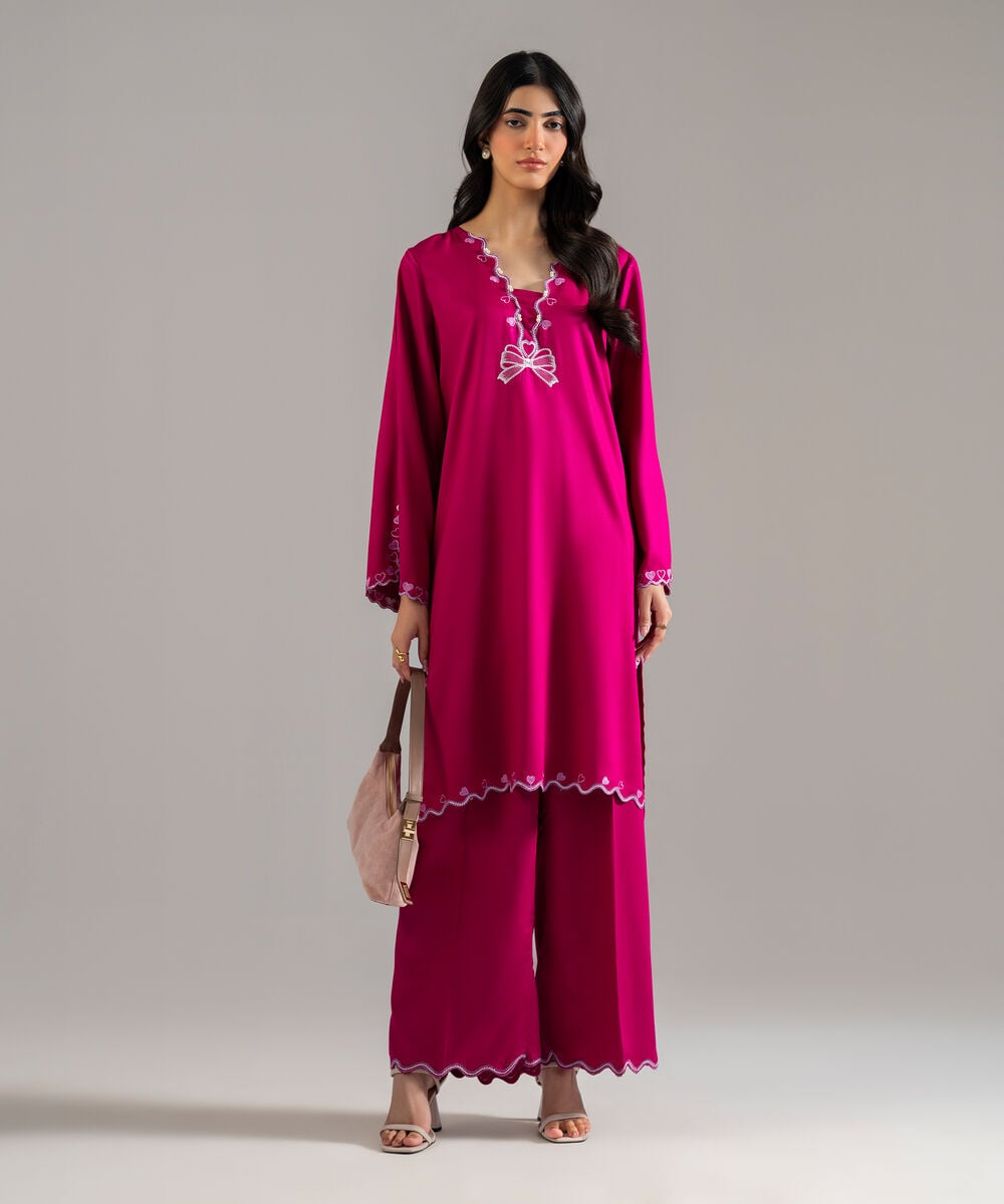 Women's RTW Bedford Solid Embroidered Pink Straight Shirt
