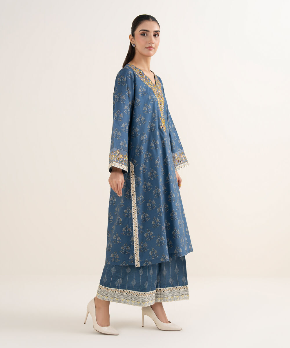 Women's RTW Arabic Khaddar Embroidered Blue Shirt