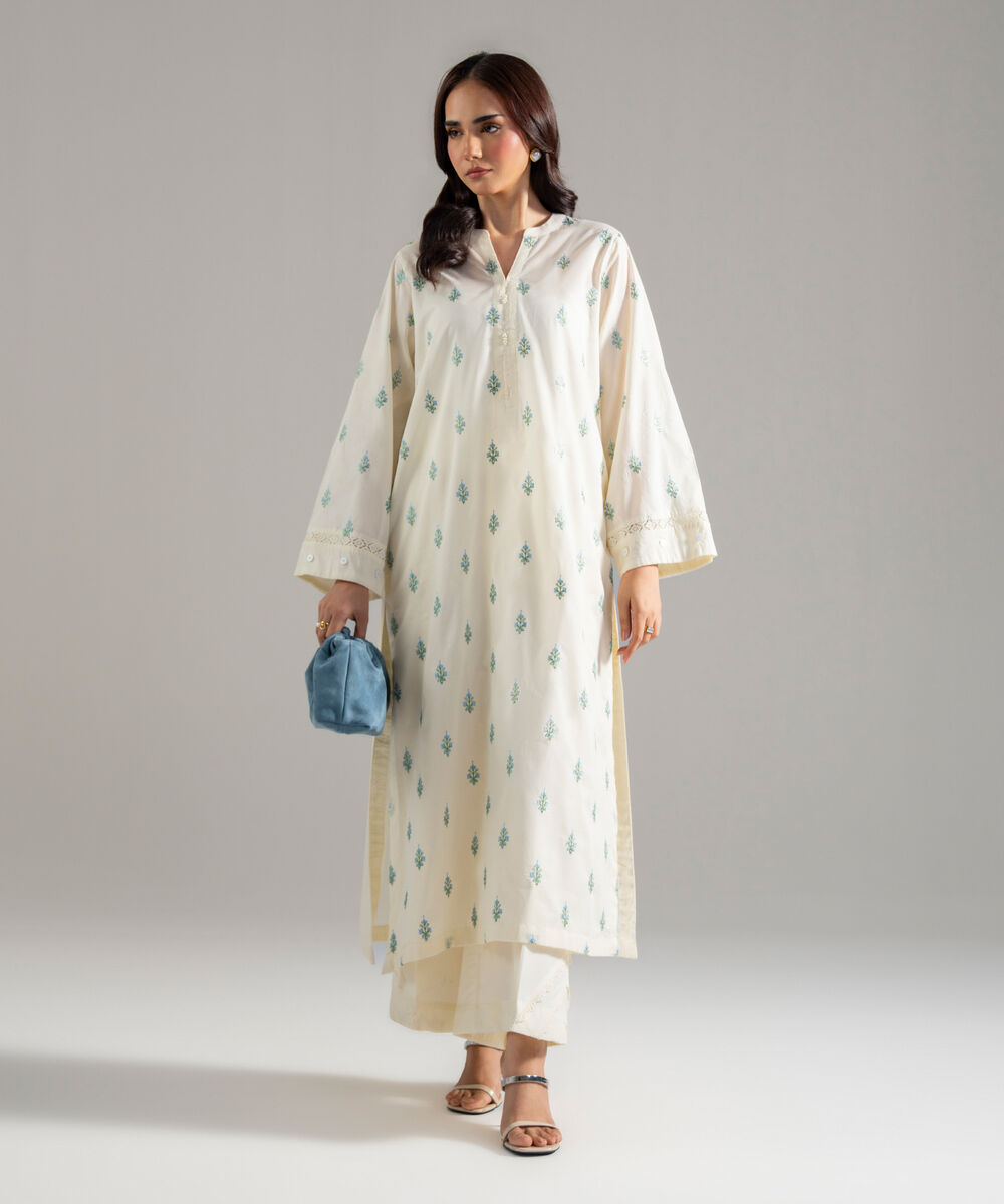 Women's RTW Solid Embroidered Lawn Off White A-Line Shirt
