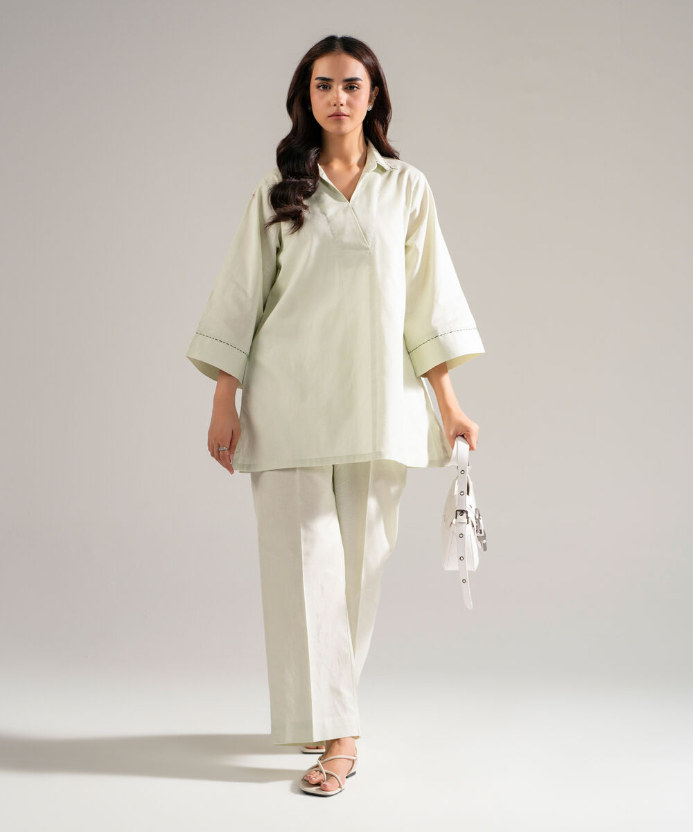 Women's RTW Cotton Linen Solid Mint Green 2 Piece Suit