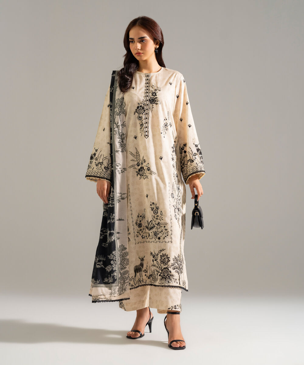 Women's RTW Lawn Embroidered Off White 3 Piece Suit