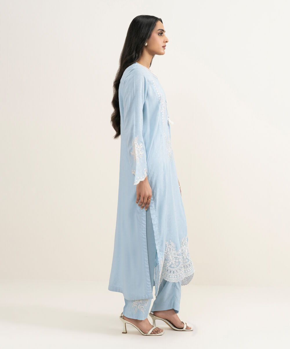 Women's RTW Arabic Self Jacquard Embroidered Blue Straight Pants