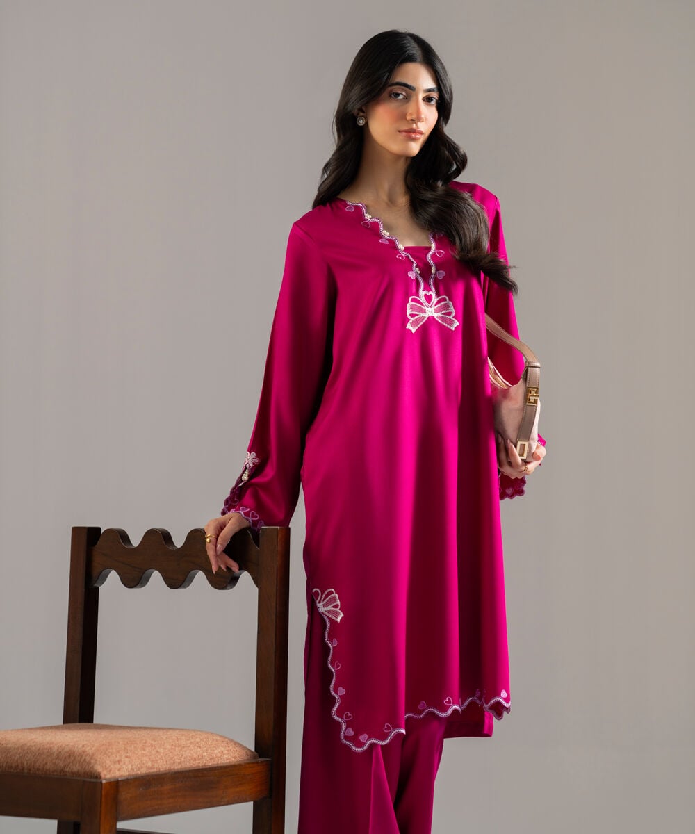 Women's RTW Bedford Solid Embroidered Pink Straight Shirt