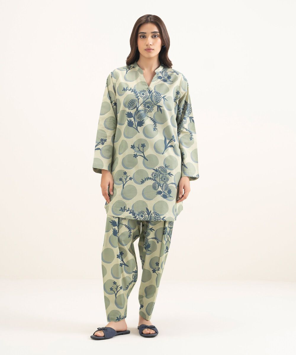 Women's RTW Cambric Printed Green Straight Shirt