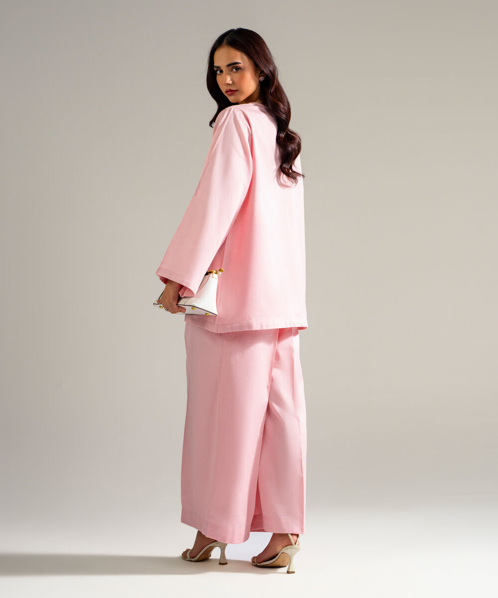 Women's RTW Cotton Linen Solid Pink 2 Piece Suit