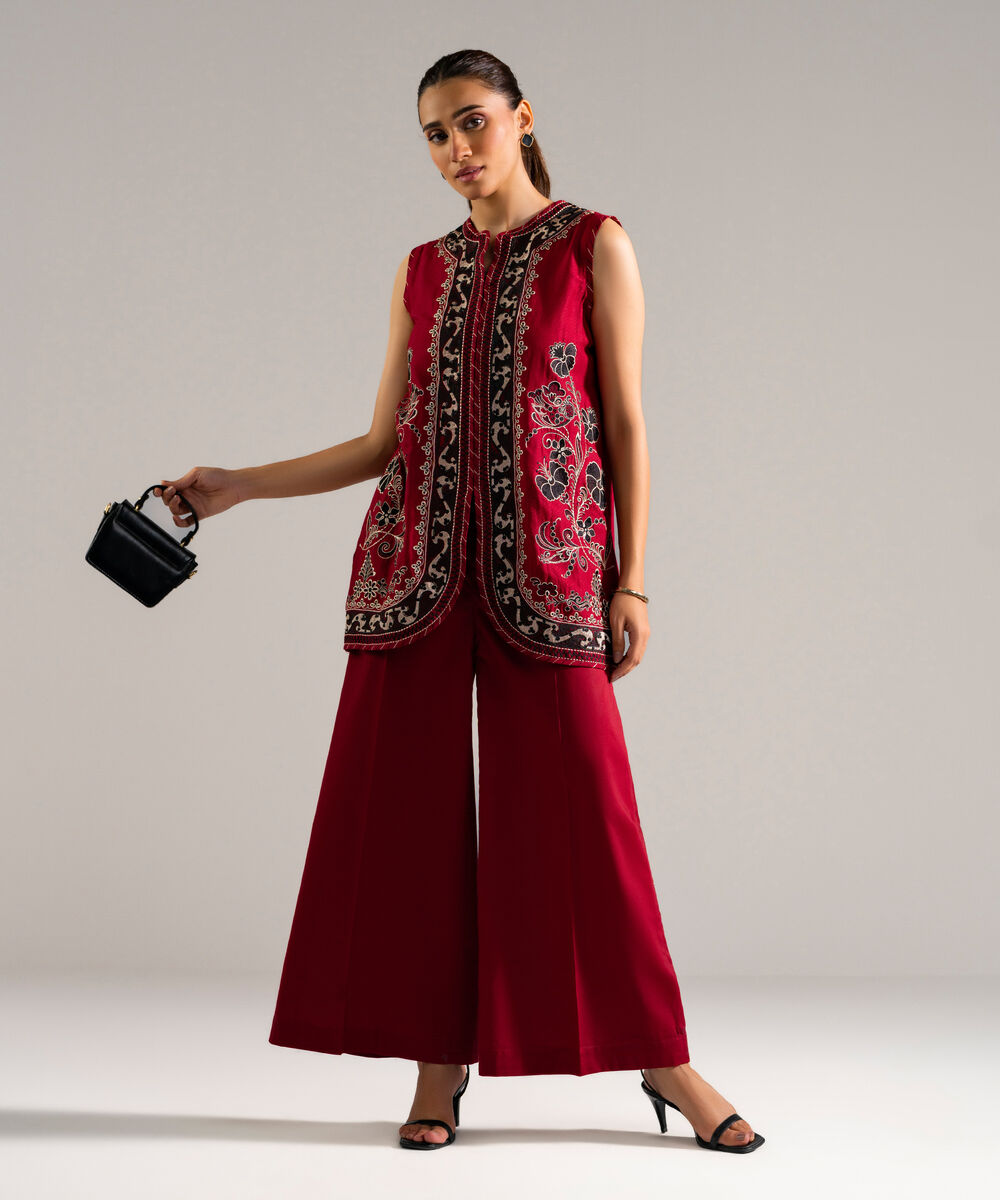 Women's RTW Dobby Embroidered Red 2 Piece Suit