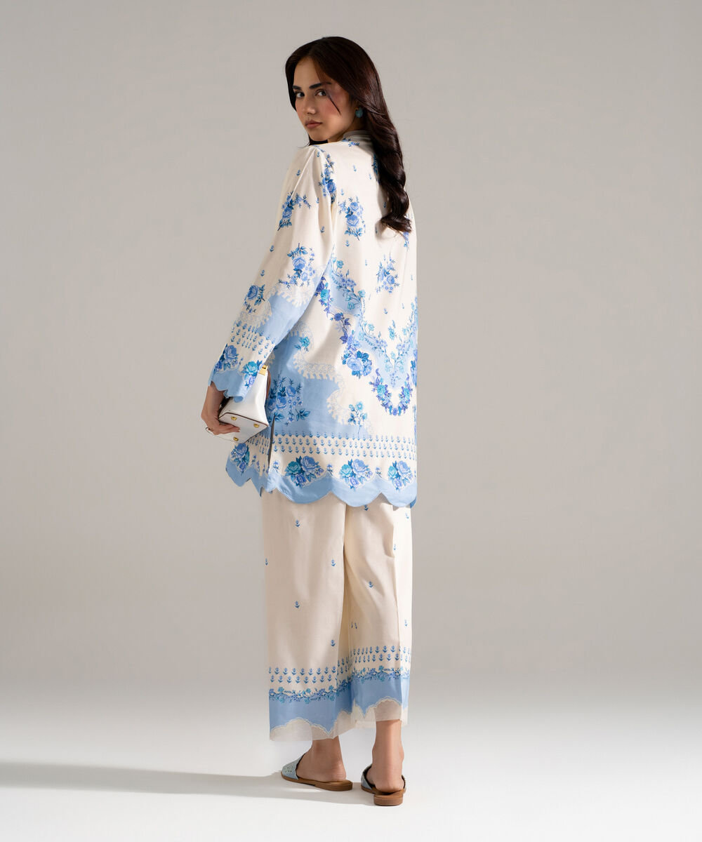 Women's RTW Cotton Viscose Printed White 2 Piece Suit