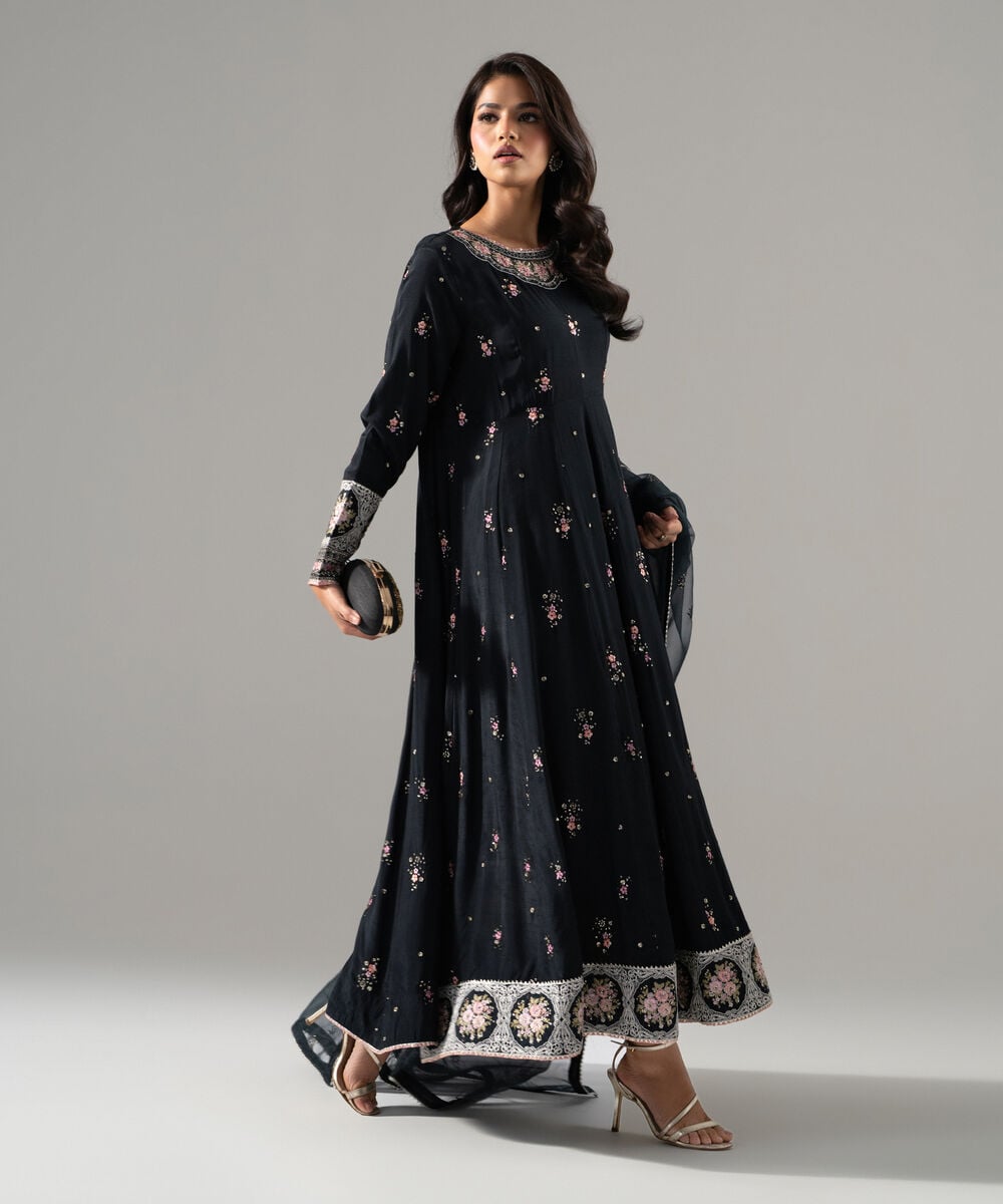 Women's RTW Bright Raw Silk Printed Black Shirt and Dupatta