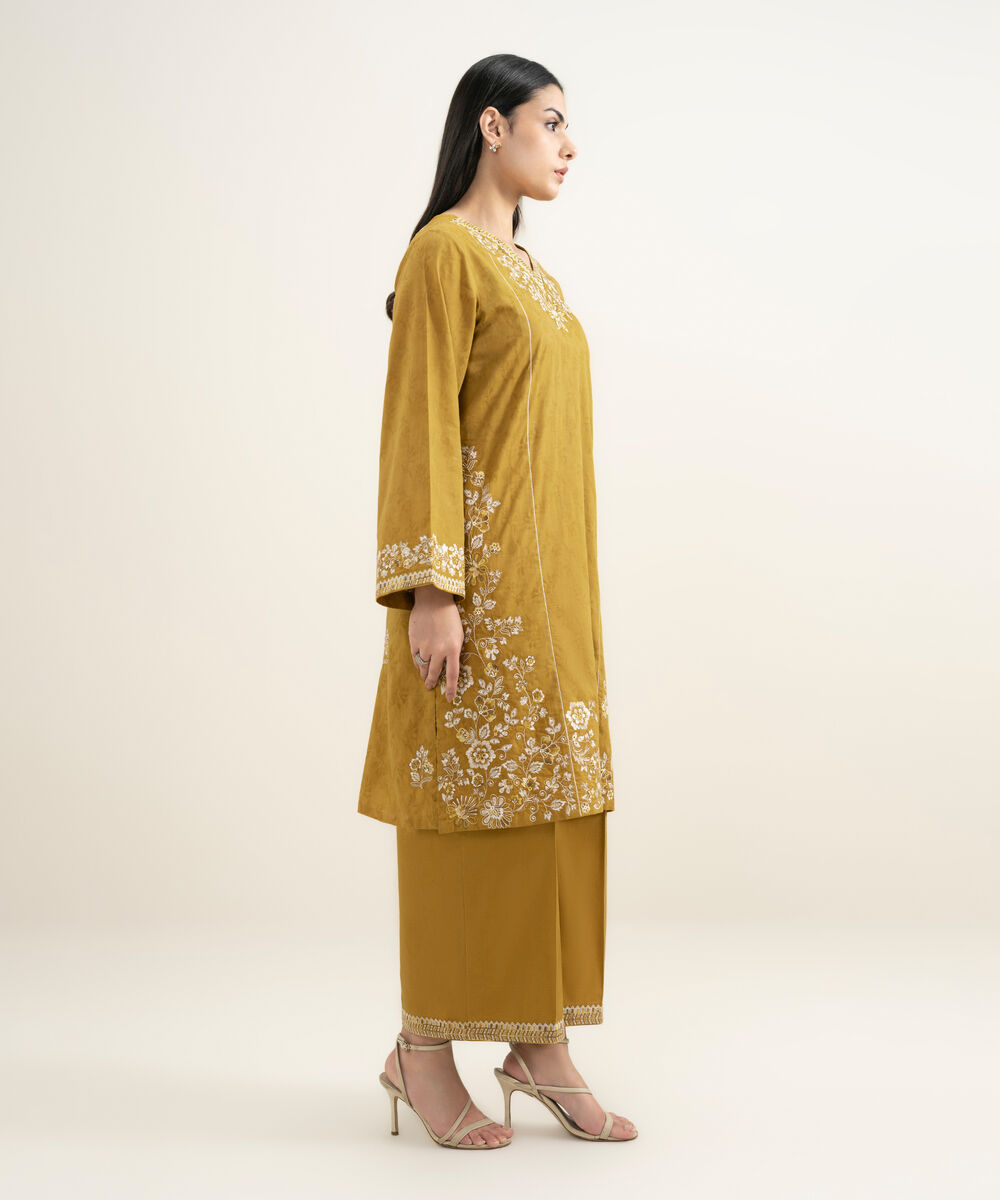 Women's RTW Self Jacquard Embroidered Mustard Yellow A-Line Shirt