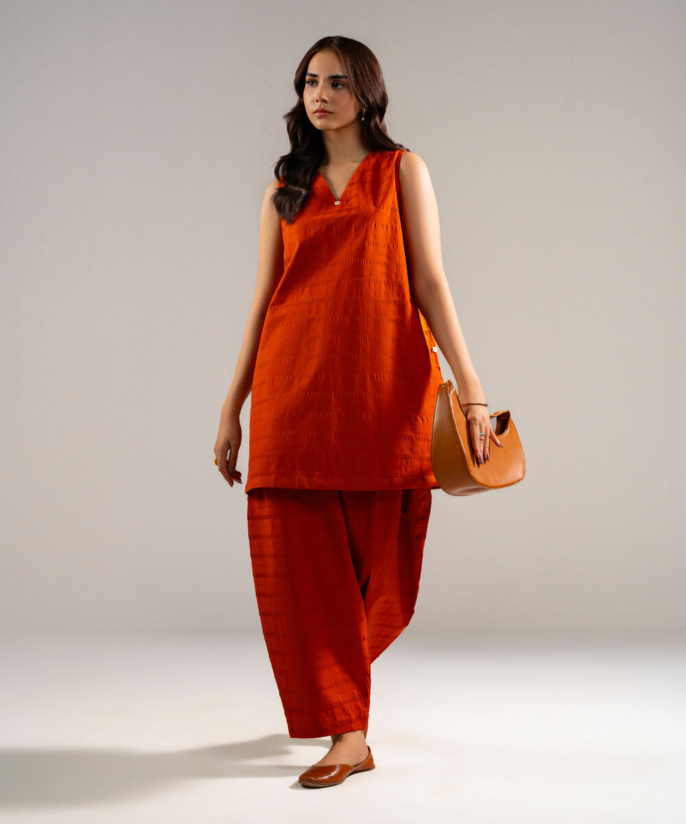 Women's RTW Seersucker Solid Rust 2 Piece Suit
