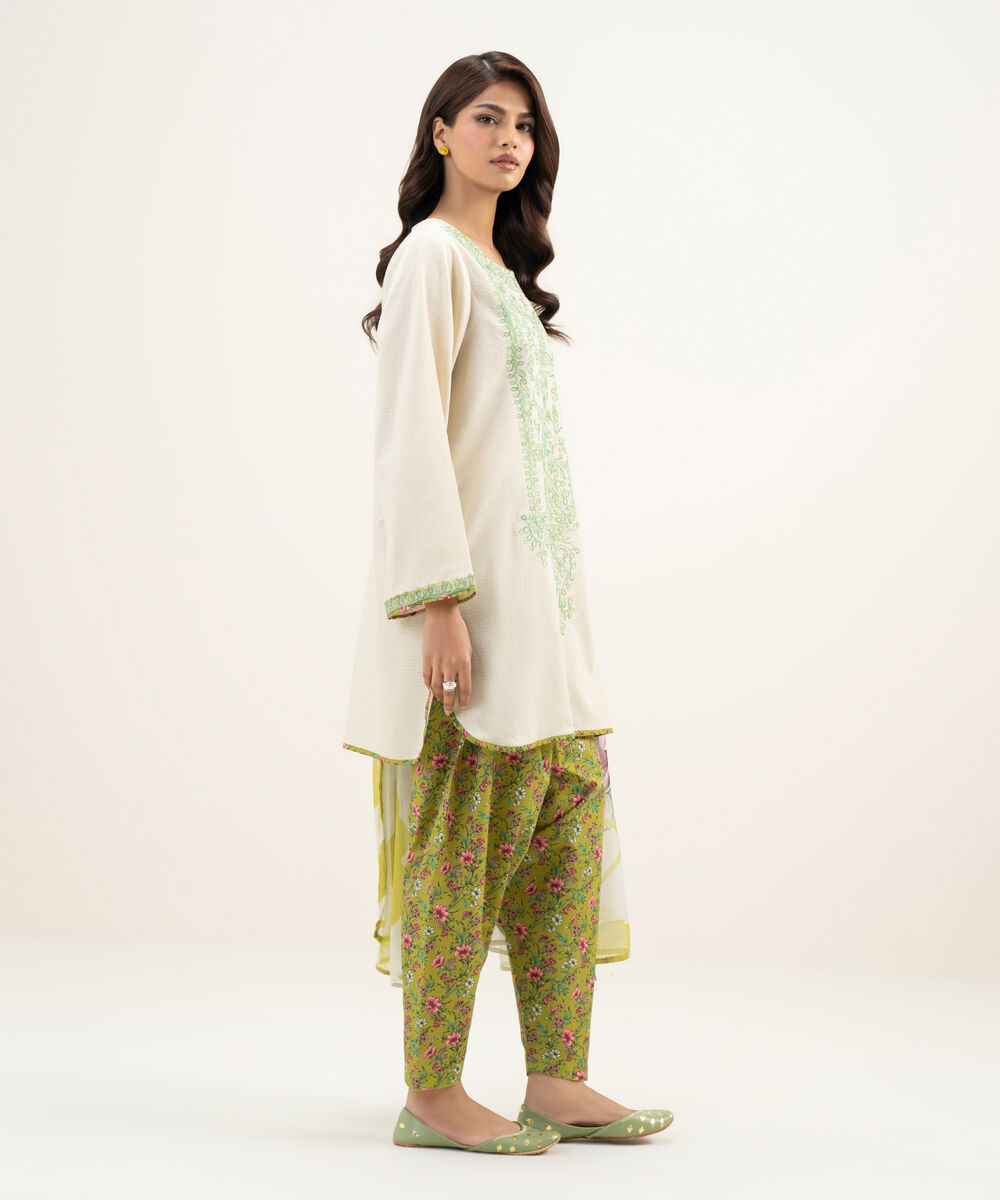 Women's RTW Dobby Embroidered Off White 3 Piece Suit