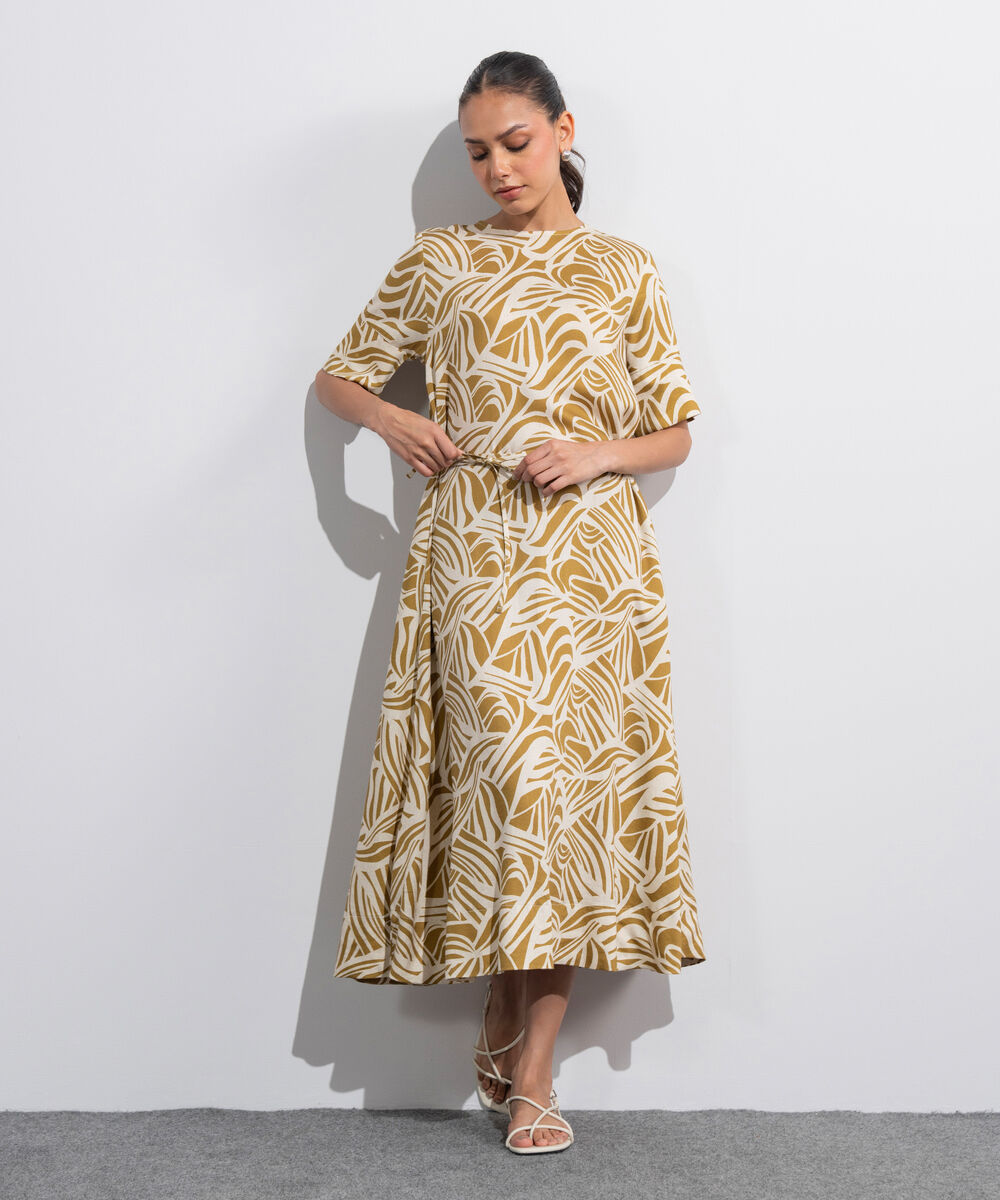 Women's Western Off White And  Musturd Linen Blend Printed Dress