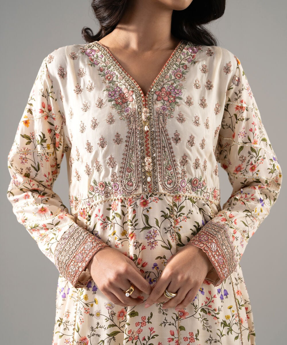 Women's RTW Bright Raw Silk Printed Beige 2 Piece Suit