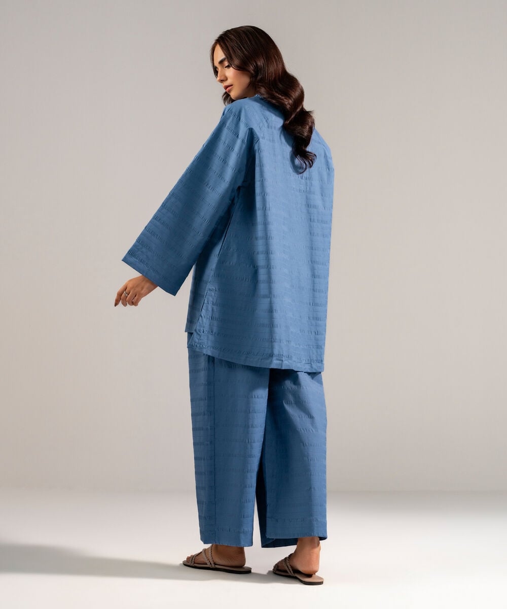 Women's RTW Seersucker Solid Blue 2 Piece Suit