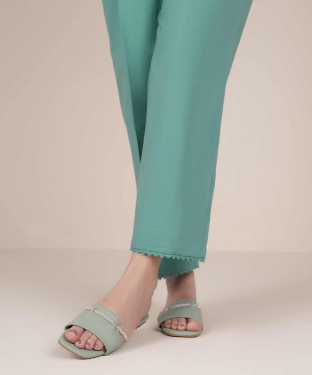 Women's RTW Cambric Blue Solid Straight Pants