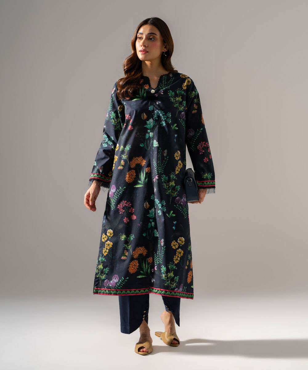 Women's RTW Regular Khaddar Printed Black Shirt and Trousers