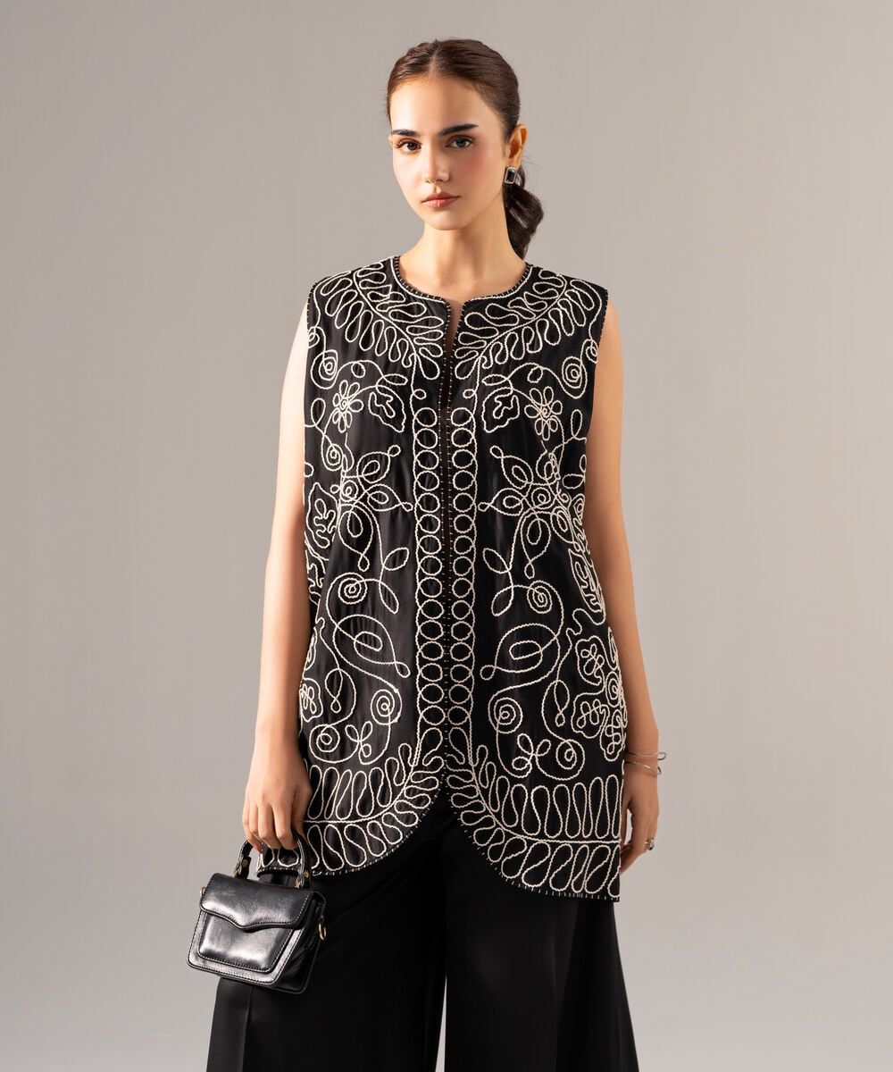 Women's RTW Viscose Marina Embroidered Black Jacket
