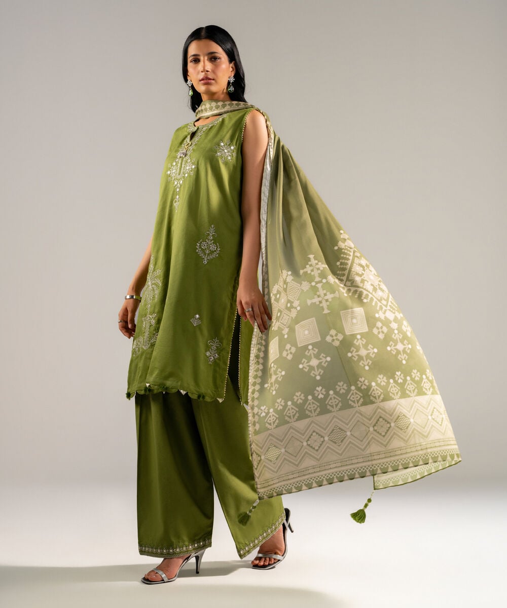 Women's RTW Self Jacquard Embroidered Green 3 Piece Suit
