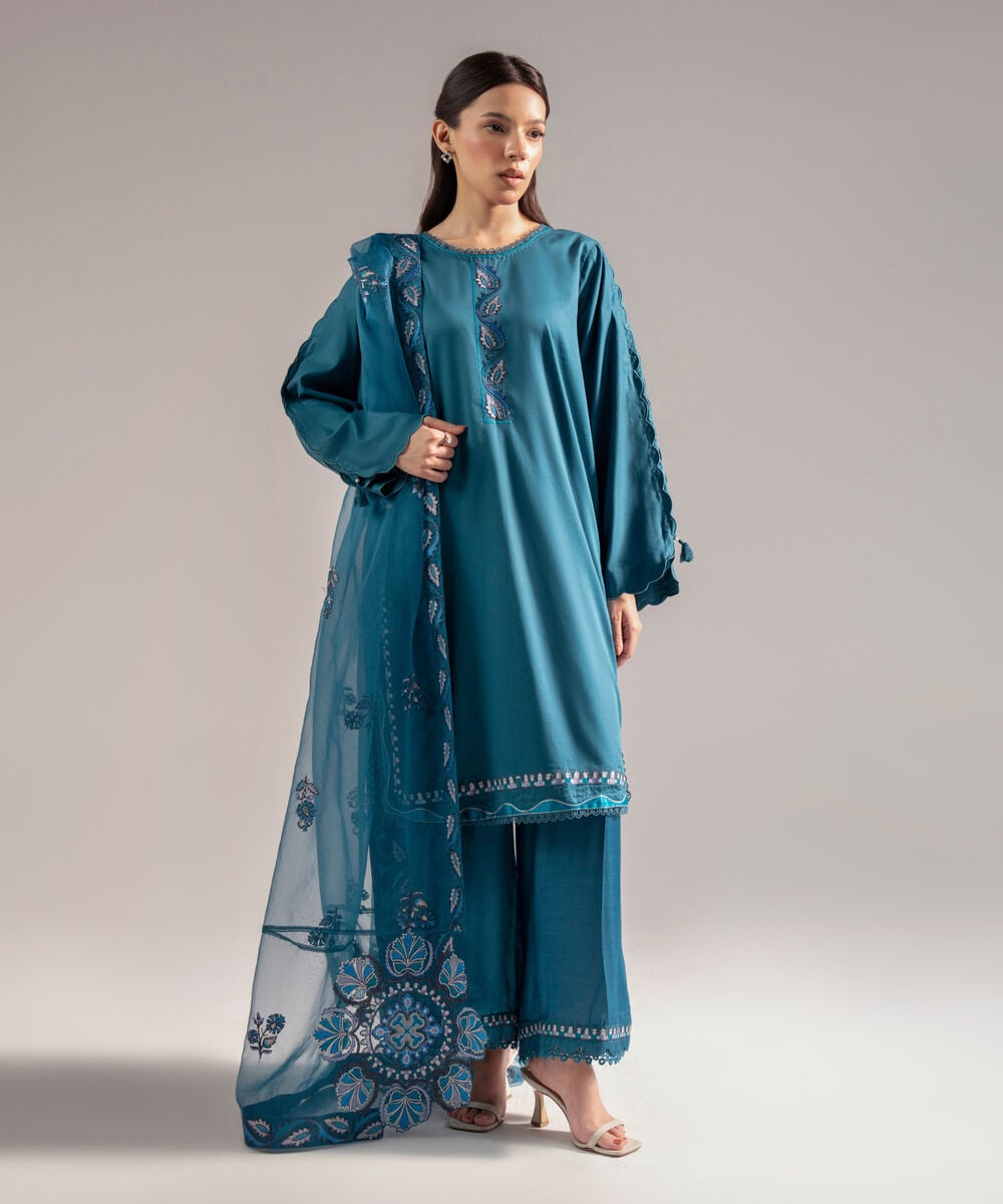 Blended Organza Embroidered Teal Dupatta