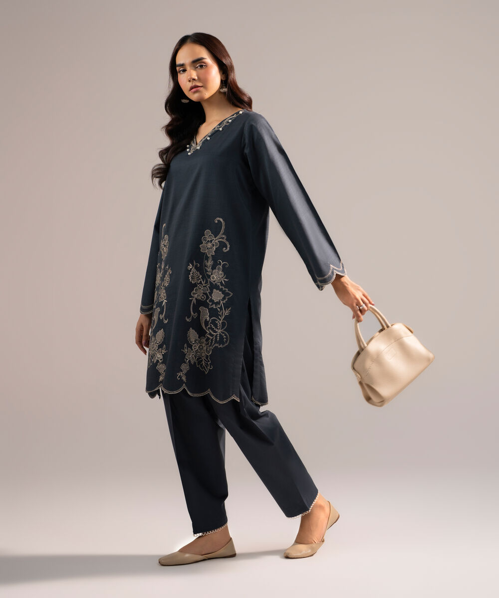 Women's RTW Dobby Embroidered Charcoal Grey Straight Shirt