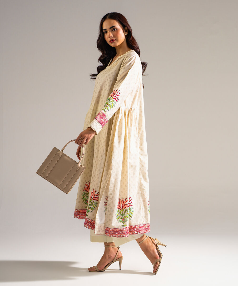 Women's RTW Slub Lawn Printed Beige Peshwas
