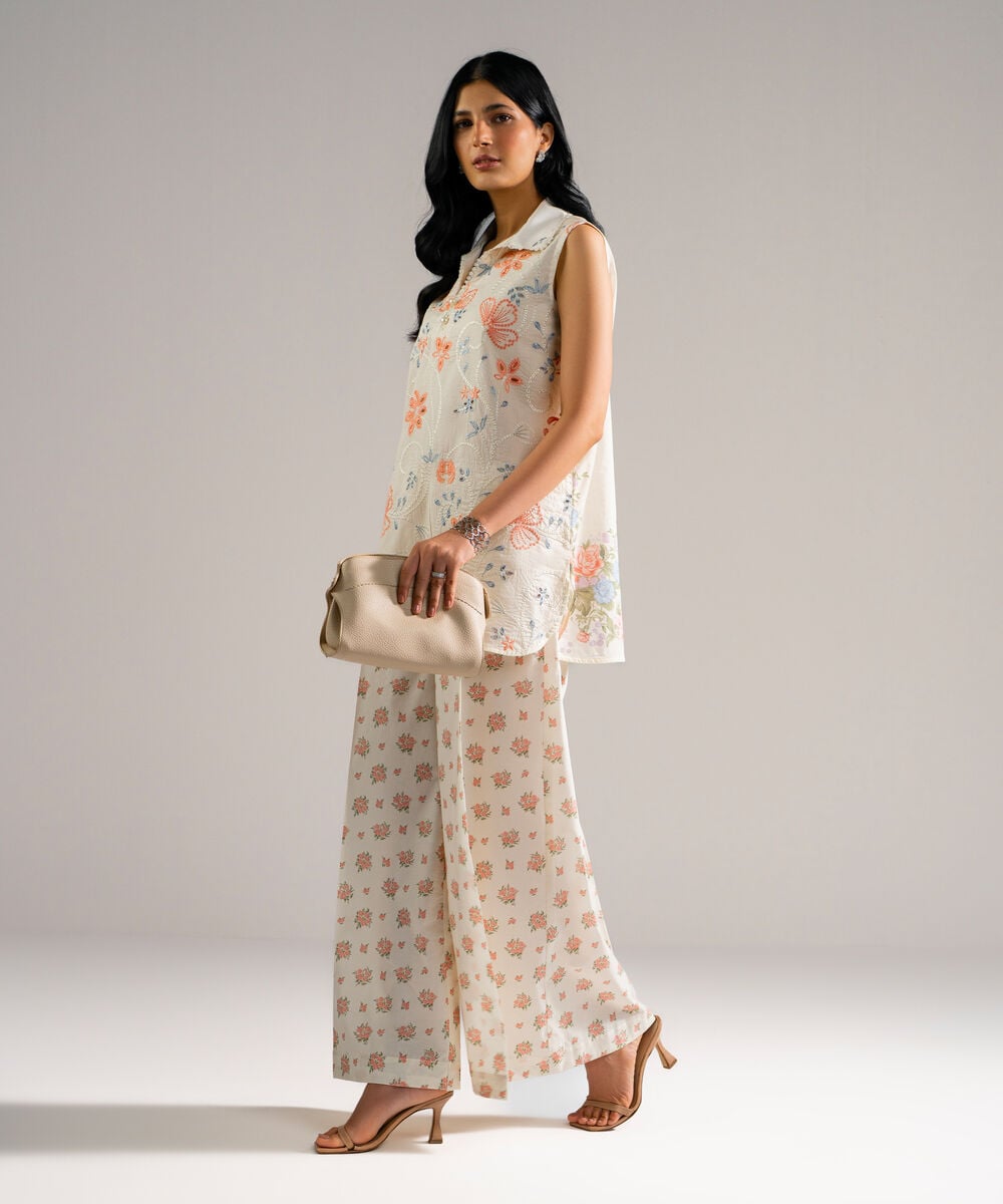 Women's RTW Lawn Embroidered Off White Straight Shirt