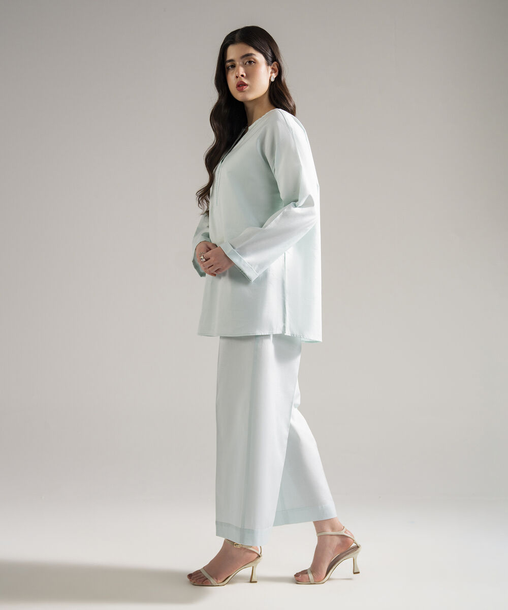 Women's RTW Cotton Linen Solid Blue 2 Piece Suit