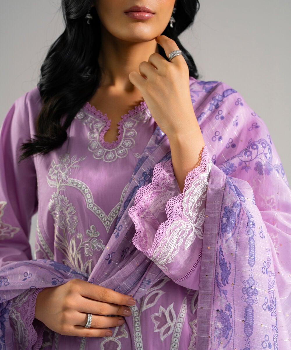 Women's RTW Lawn Embroidered Lilac 3 Piece Suit