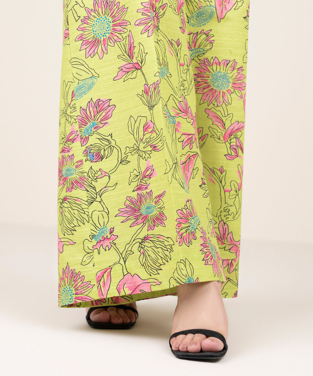 Women's RTW Khaddar Printed Lime Green Flared Pants