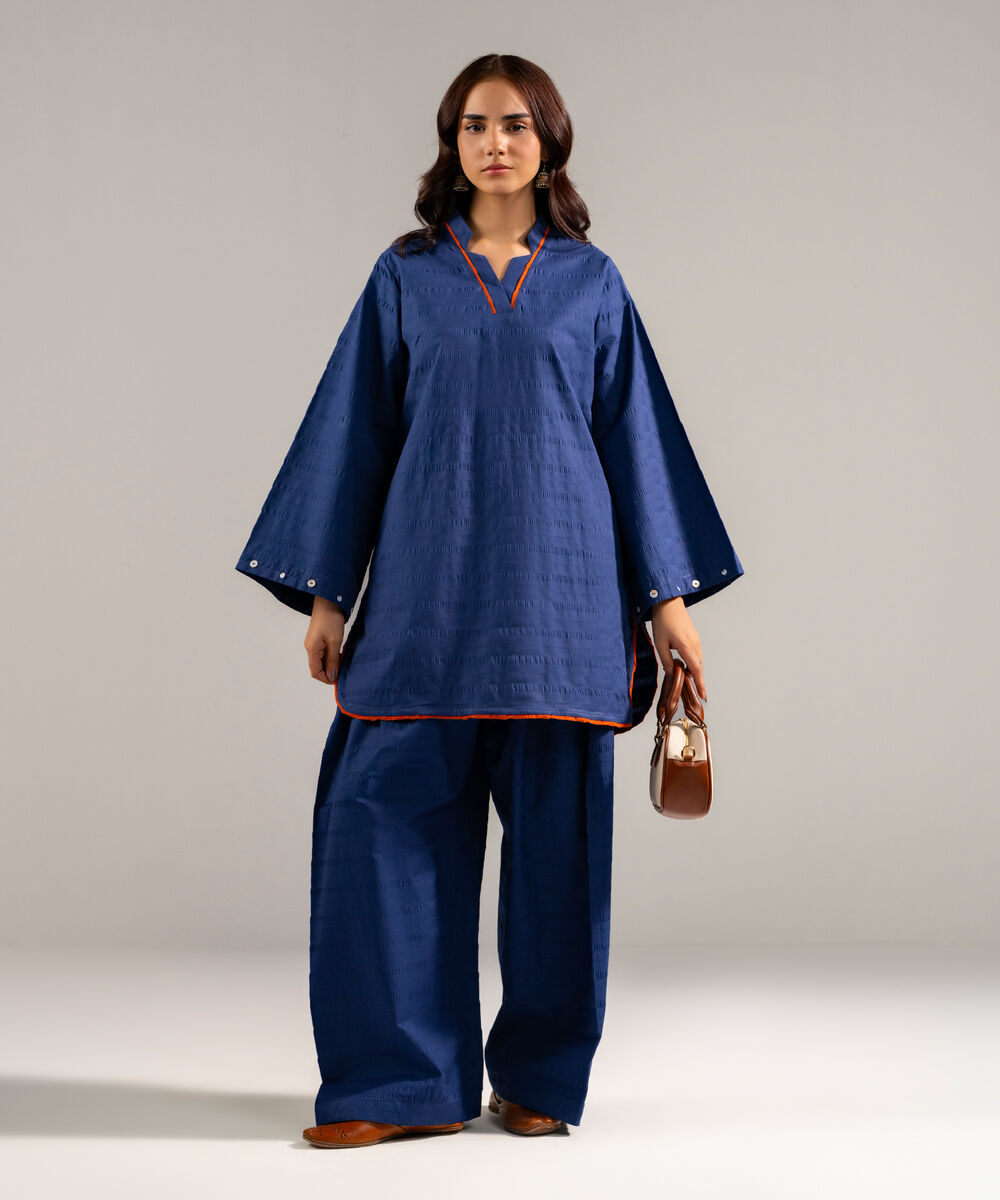 Women's RTW Seersucker Solid Blue 2 Piece Suit