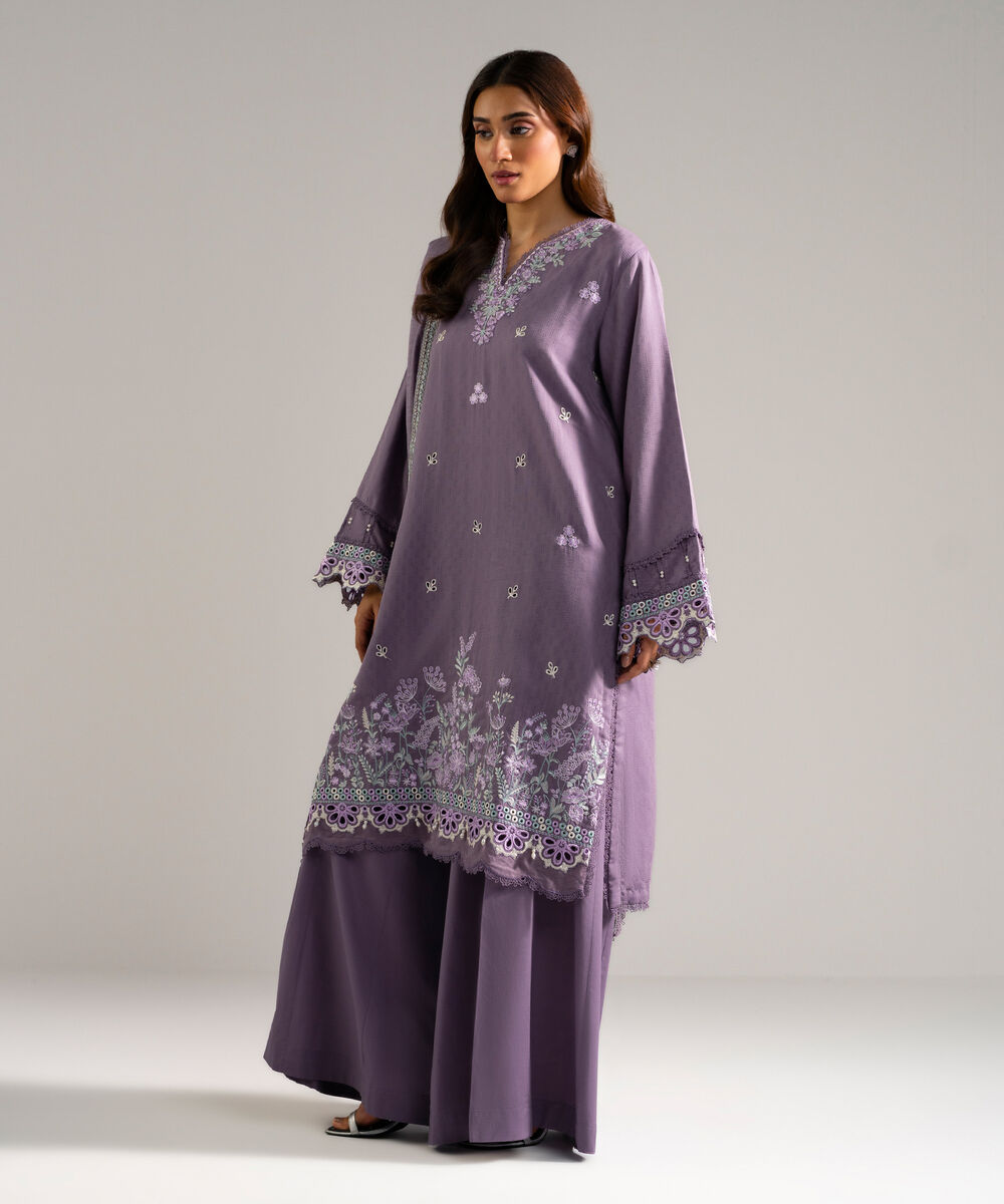Women's RTW Textured Viscose Embroidered Lavender 3 Piece Suit