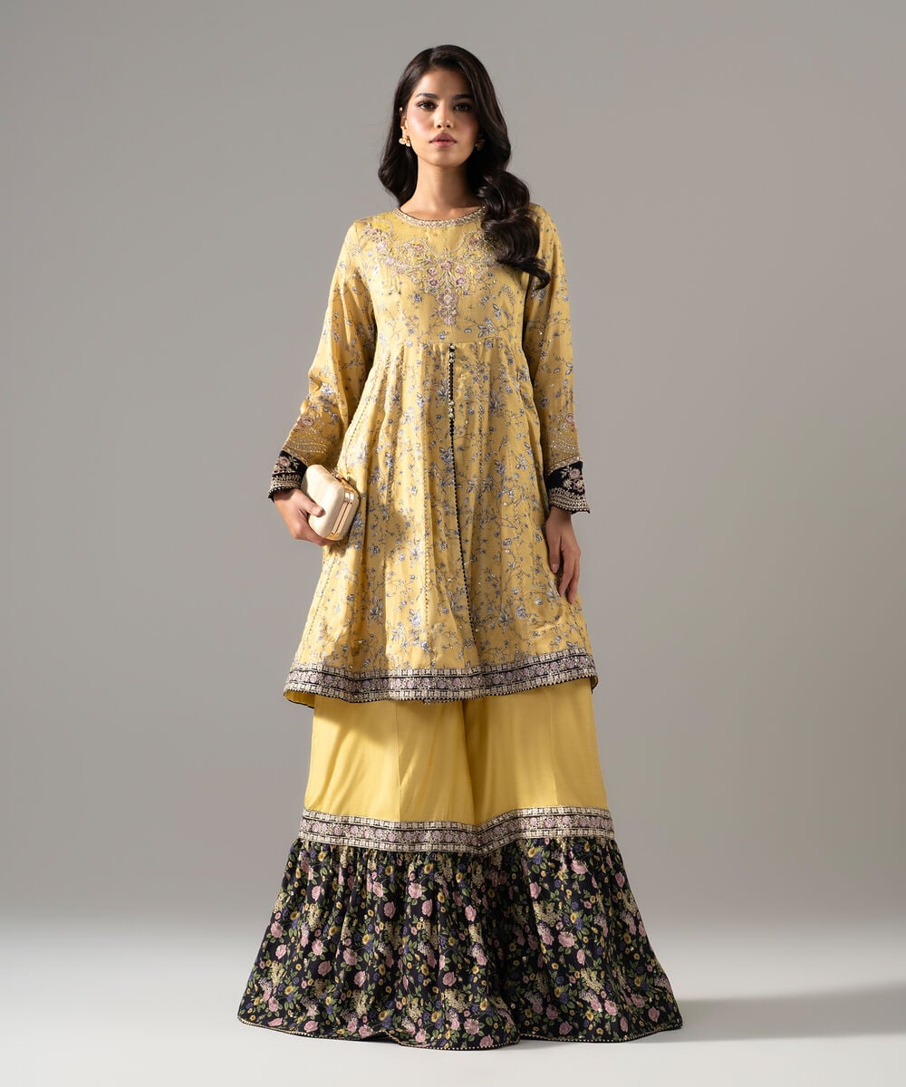 Women's RTW Bright Raw Silk Printed Yellow 2 Piece Suit