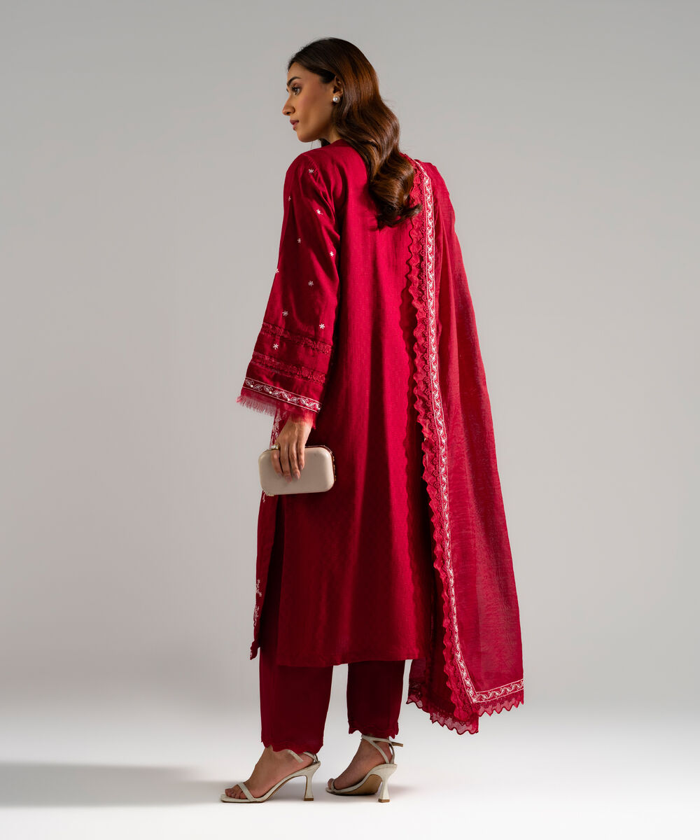 Women's RTW Textured Viscose Embroidered Maroon 3 Piece Suit