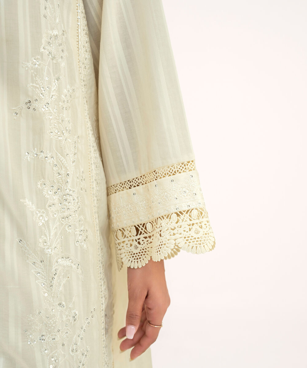 Women's RTW Textured Lawn Off White Embroidered A-Line Shirt