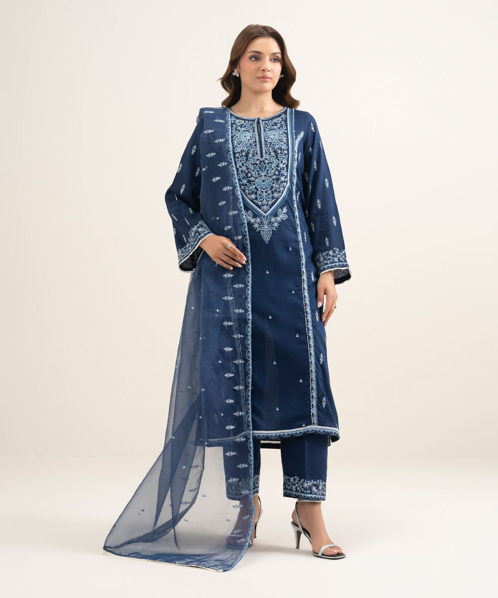 Women's RTW Blended Organza Embroidered Blue Dupatta