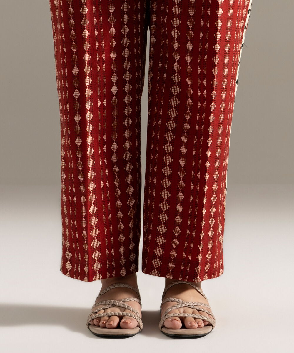 Women's RTW Cambric Printed Maroon Straight Pants