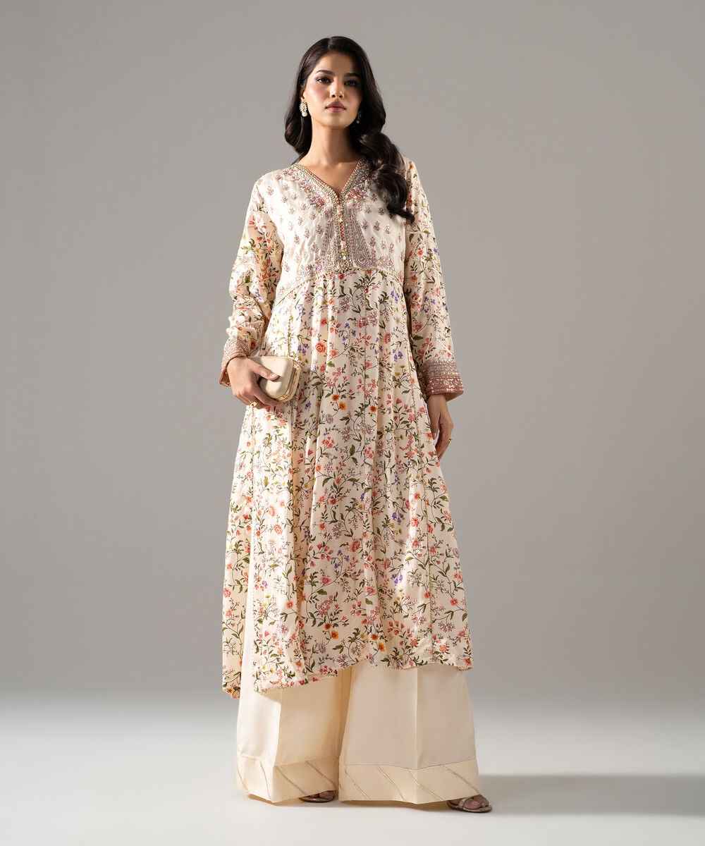 Women's RTW Bright Raw Silk Printed Beige 2 Piece Suit