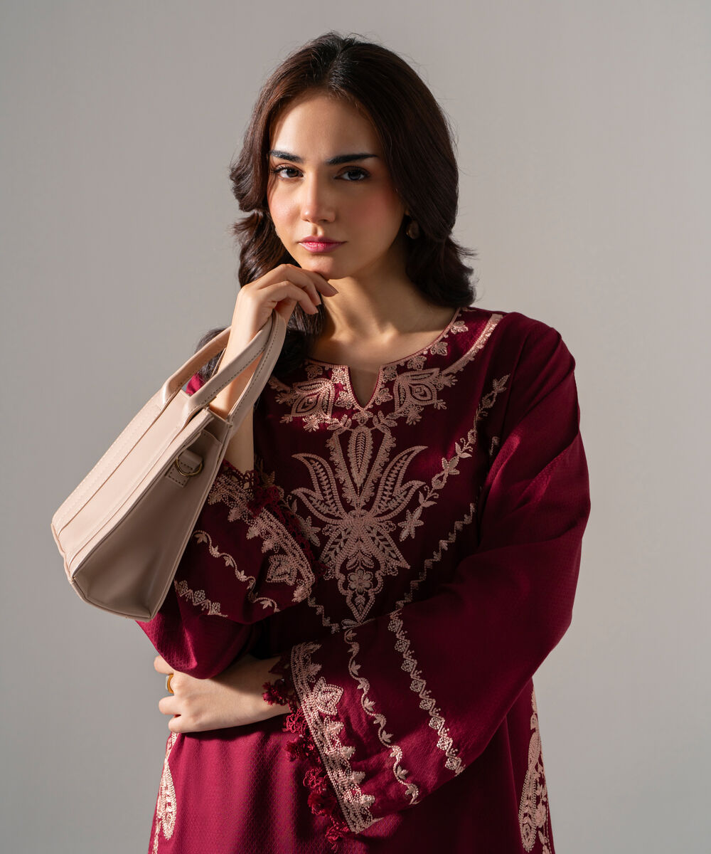 Women's RTW Dobby Solid Embroidered Maroon Straight Shirt