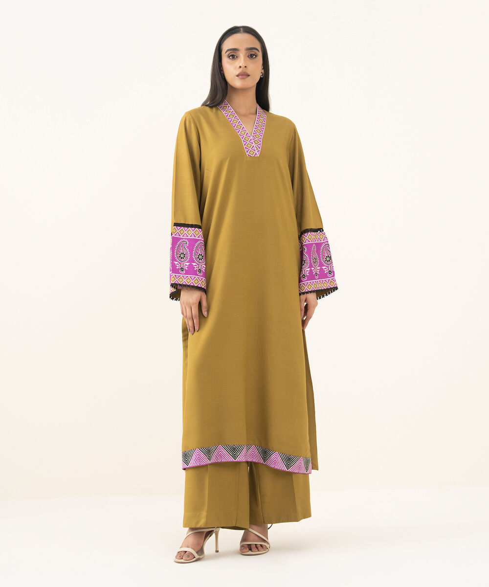 Women's RTW Herringbone Solid Brown A-Line Shirt