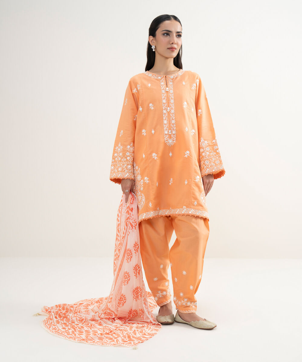 Women's RTW Zari Lawn Embroidered Cream White 3 Piece Suit