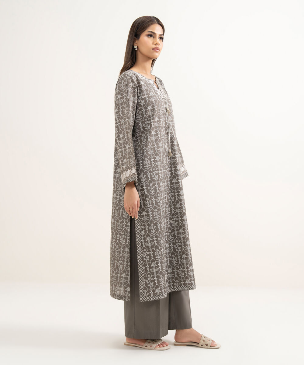 Women's RTW Lawn Embroidered Grey Straight Shirt