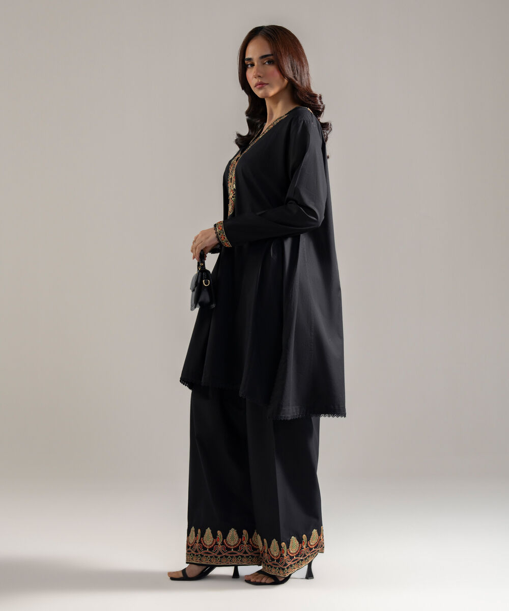 Women's RTW Lawn Solid Embroidered Black Flared A-Line