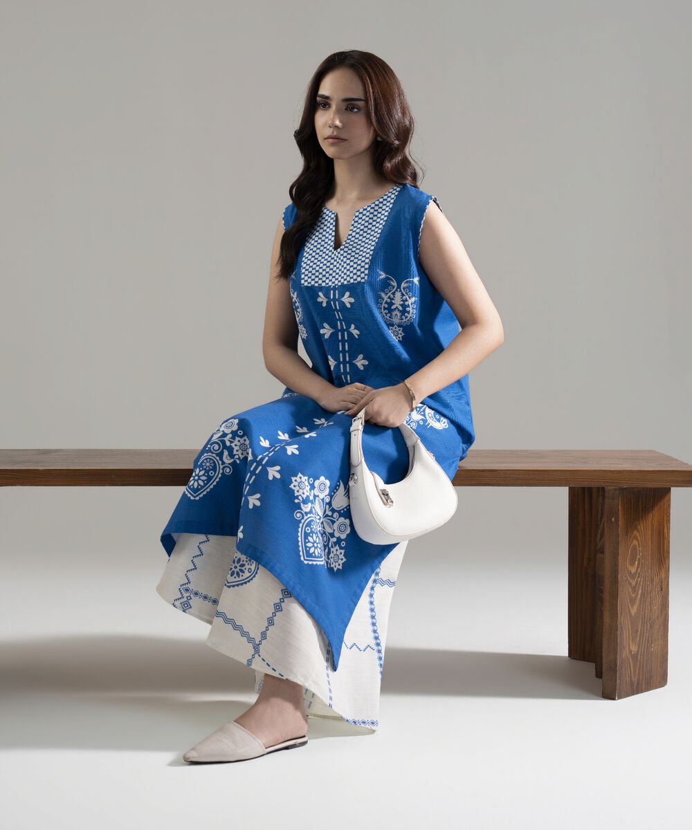 Women's RTW Khaddar Printed Blue A-Line Shirt
