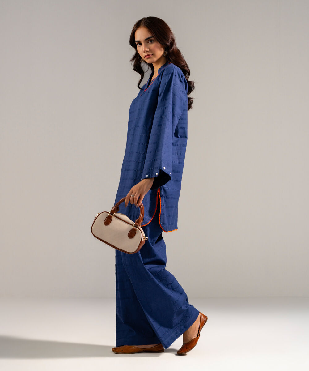 Women's RTW Seersucker Solid Blue 2 Piece Suit
