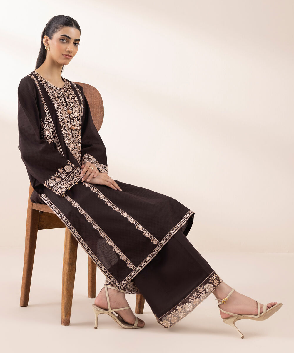 Women's RTW Dobby Brown Embroidered A-Line Shirt