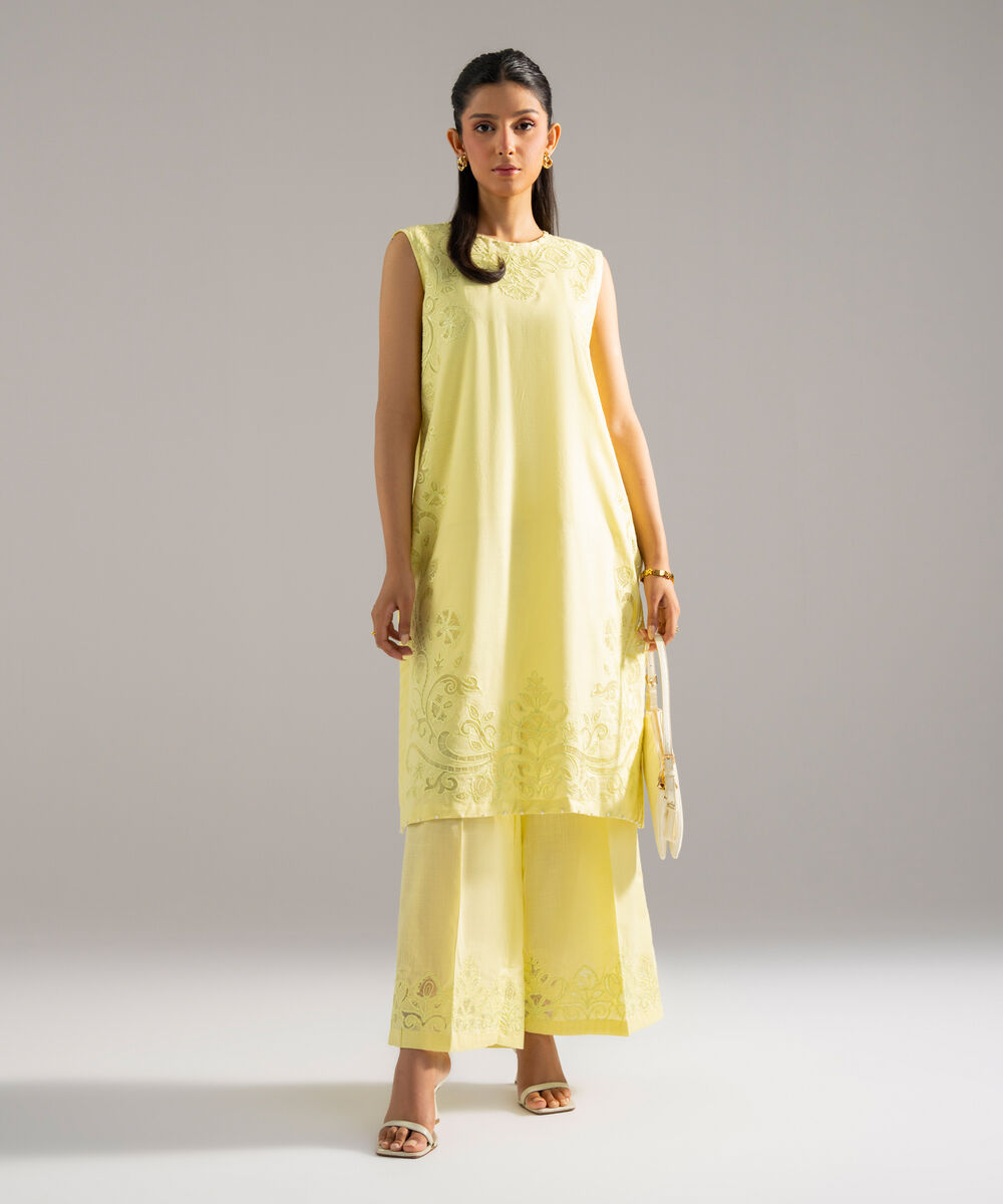 Women's RTW Cross Hatch Solid Embroidered Lime Yellow 2 Piece Suit