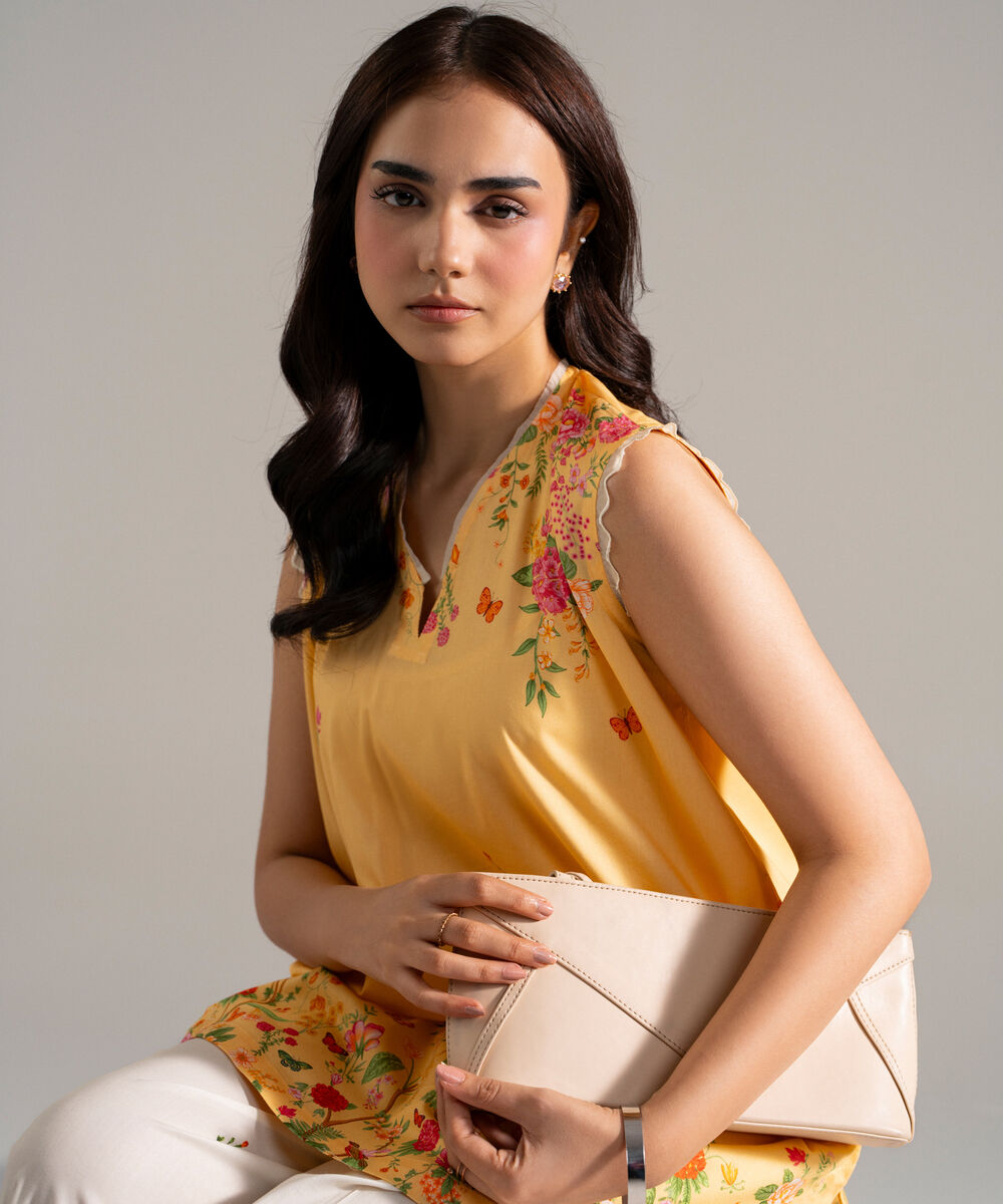 Women's RTW Cotton Viscose Printed Orange 2 Piece Suit