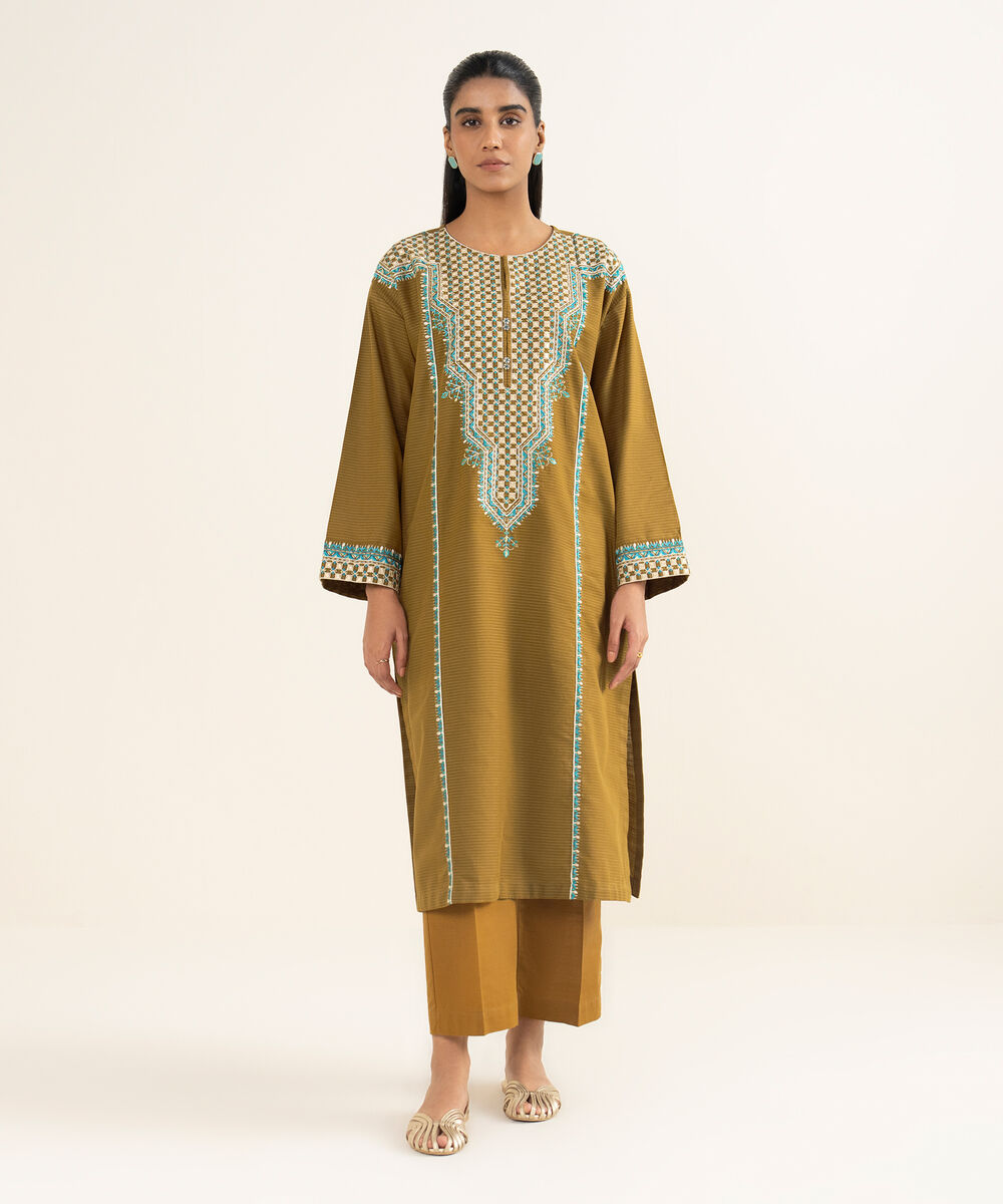 Women's RTW Fancy Textured Slub Embroidered Brown A-Line Shirt