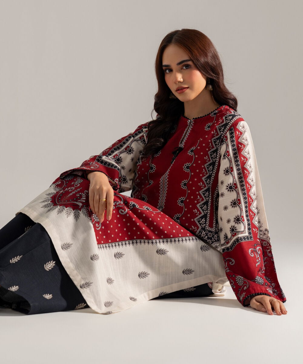 Women's RTW Printed Maroon Khaddar A-Line Shirt