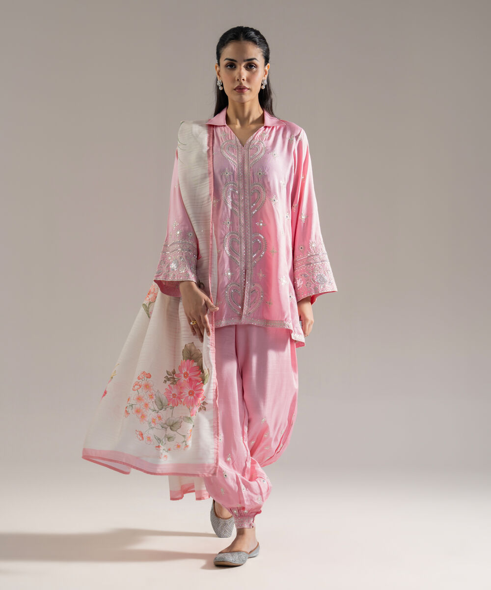 Women's RTW Solid Embroidered Pink Plain Silk 3 Piece Suit